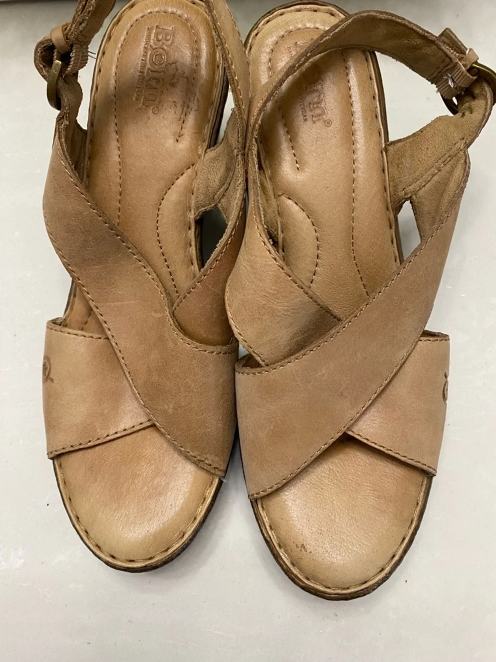 Børn Tan Leather Crisscross Slingback Wedge Sandals Opanka‎ Comfort Size 10